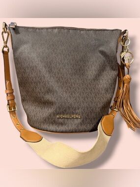 Michael Kors Brown Logo Bucket Shoulder Bag with Tan Accents